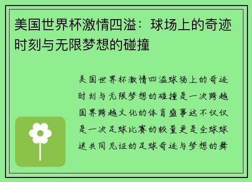 美国世界杯激情四溢:球场上的奇迹时刻与无限梦想的碰撞